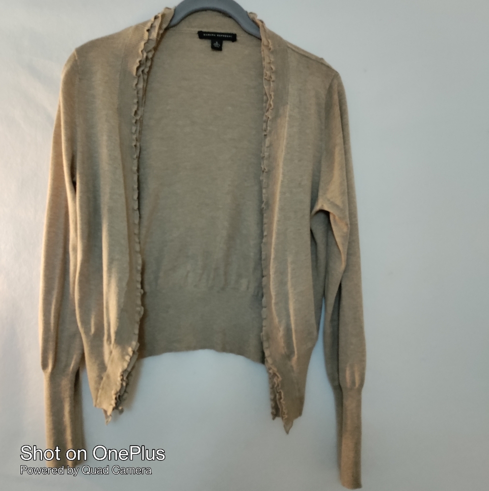 Banana Republic Beige Tan Open Front Fringe Ruffle Cardigan Sweater Womens S